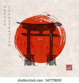Torii gates and red rising sun hand-drawn with ink in traditional Japanese style sumi-e on vintage rice paper. Vector illustration.