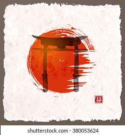 Torii gates and red rising sun hand-drawn with ink in traditional Japanese style sumi-e on vintage background.  Contains hieroglyph - double luck.