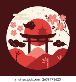 Torii gates silhouette against backdrop of rising sun and blooming cherry or Sakura flowers and curly Kumo clouds. Travel to Japan vintage icon with traditional Japanese symbols of culture.