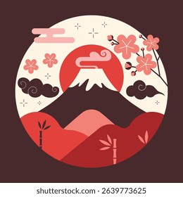 Torii gates silhouette against backdrop of rising sun and blooming cherry or Sakura flowers and curly Kumo clouds. Travel to Tokyo and Japan vintage icon with traditional Japanese symbols of culture.