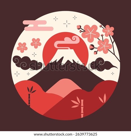 Torii gates silhouette against backdrop of rising sun and blooming cherry or Sakura flowers and curly Kumo clouds. Travel to Tokyo and Japan vintage icon with traditional Japanese symbols of culture.