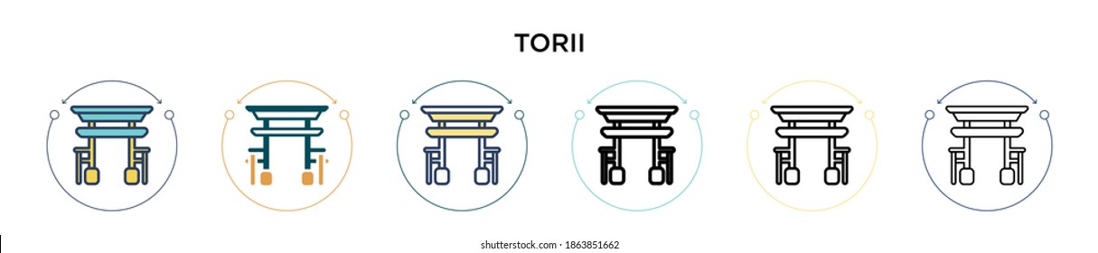 Torii icon in filled, thin line, outline and stroke style. Vector illustration of two colored and black torii vector icons designs can be used for mobile, ui, web