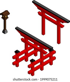 Linterna isométrica japonesa y torii