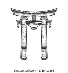 Torii Japanese ritual gate sketch engraving vector illustration. T-shirt apparel print design. Scratch board imitation. Black and white hand drawn image.