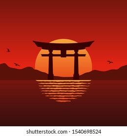 Torii Japanese Vector Landscape Sunset
