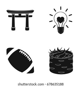 Torii, light bulb and other web icon in black style. rugby ball, sushi icons in set collection.