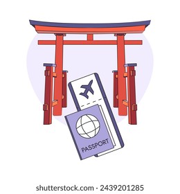 Torii, pasaporte, billete de avión. Viaje a Japón. Viaje a Asia. Punto de referencia religioso oriental - Puerta Roja, entrada al templo. Vuelo, documento extranjero. Vacaciones, descanso. Imagen en color. Ilustración de vector