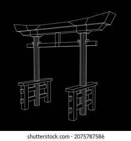 Torii sacred traditional gate. Symbol of Japan,shintoism religion. Japanese Tori arch ancient entrance. Wireframe low poly mesh vector illustration