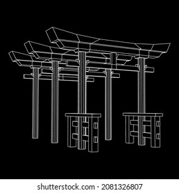 Torii sacred traditional gate. Symbol of Japan,shintoism religion. Japanese Tori arch ancient entrance. Wireframe low poly mesh vector illustration