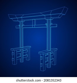 Torii sacred traditional gate. Symbol of Japan,shintoism religion. Japanese Tori arch ancient entrance. Wireframe low poly mesh vector illustration