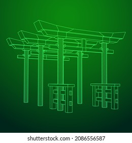 Torii sacred traditional gate. Symbol of Japan,shintoism religion. Japanese Tori arch ancient entrance. Wireframe low poly mesh vector illustration