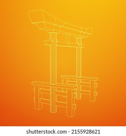 Torii sacred traditional gate. Symbol of Japan, Shintoism religion. Japanese Tori arch ancient entrance. Wireframe low poly mesh vector illustration