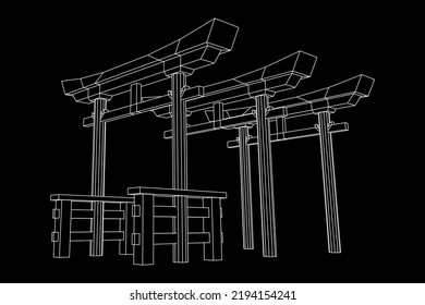 Torii sacred traditional gate. Symbol of Japan, Shintoism religion. Japanese Tori arch ancient entrance. Wireframe low poly mesh vector illustration