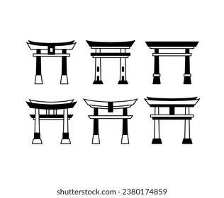 torii shinto gate japón ícono asia colección de diseño vectorial negro simple ilustración aislado conjunto