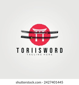 torii sword logo vintage vector illustration design, red dot japanese