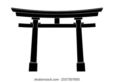 Torii symbol, traditional Japanese gate commonly found at Shinto shrine entrances, marking symbolically the transition from the mundane to the sacred. Daiwa torii with pillar rings and nemaki sleeves.