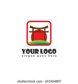 Torii traditional gate design logo with sunset or sunrise illustration