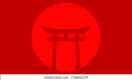 Torii. Traditional Japanese gate. Entrance to Shinto shrines. Silhouette on a red background.