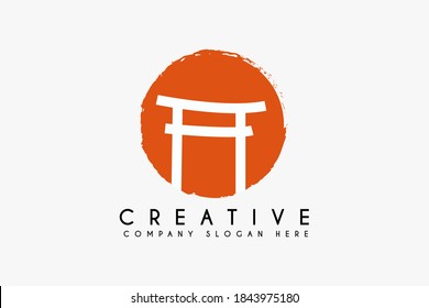 Torii traditional japanese gate logo design vector illustration. Torii icon design. Suitable for Business and religion logos isolated on red background
