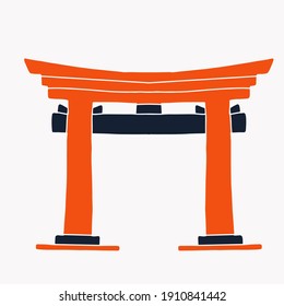 Torii, traditional Japanese gate on blue sky background with clouds. Simple flat cartoon vector illustration