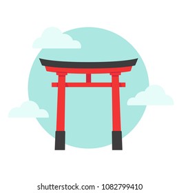 Torii, traditional red Japanese gate on blue sky background with clouds. Simple flat cartoon vector illustration.