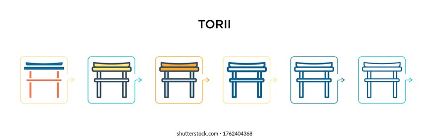 Torii vector icon in 6 different modern styles. Black, two colored torii icons designed in filled, outline, line and stroke style. Vector illustration can be used for web, mobile, ui