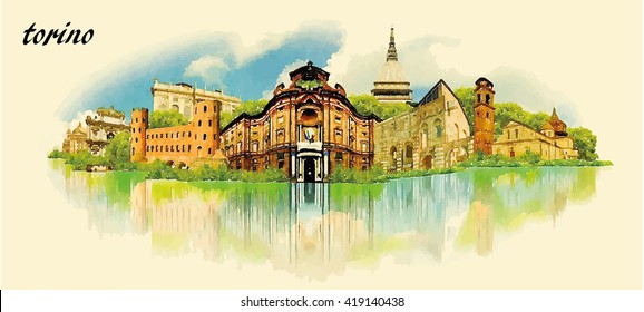 TORINO city water color panoramic vector illustration