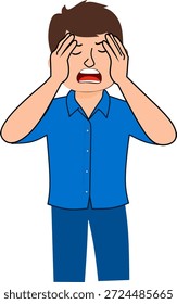 El hombre atormentado agarra la cabeza y entrecerran los ojos debido al exceso de trabajo o al Grande número de tareas de trabajo que requieren una solución inmediata. 