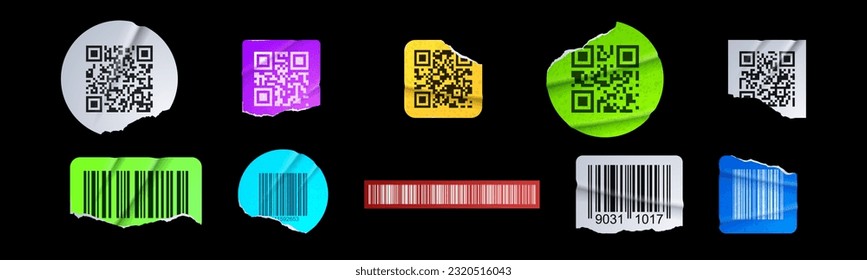 Torn barcode paper sticker label vector design. Bar code sign icon elements in round and square ruined shape with wrinkle. 3d realistic damage strip tag with fold clipart illustration collection