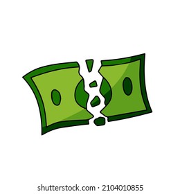 Torn bill. Green Ripped dollar. Economic crisis and inflation. Cartoon Ragged money