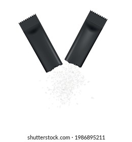Torn black blank stick packaging with falling out crystalline powder, realistic vector illustration isolated on white background. Template of packaging for spices.