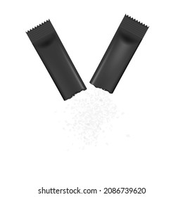 Empaque de palo blanco roto con polvo cristalino, ilustración vectorial realista aislada en fondo blanco. Plantilla de embalaje para especias.