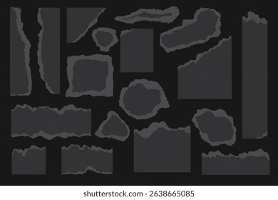 Torn black dark grey paper pieces of different shapes, blank frames with ripped rough white edges set. Realistic notes, blue and green pages, yellow scrap of cardboard collection vector illustration
