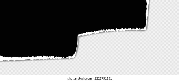 Torn black paper with soft shadow stuck on white grey square transparent background. Abstract piece of black ripped paper vector illustration design suitable for decorative, banner, sticker, poster.