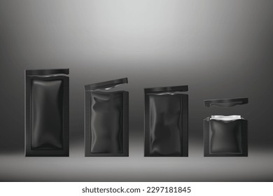 Torn black sachets, 3D realistic illustration isolated on a black background