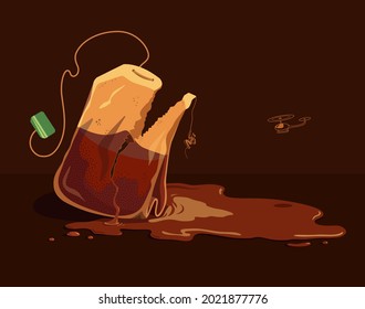 torn black tea bag on brown background with helicopter and climber vector illustration. tea puddle 