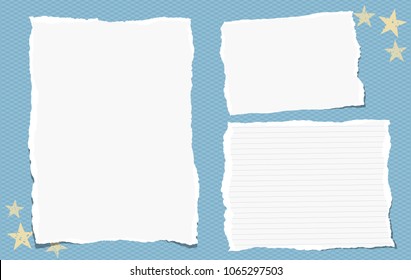 Torn Blank And Lined Note, Notebook Paper Pieces For Text Stuck On Blue Square Background. Vector Illustration.