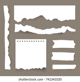 Torn blank paper sheets. Vector note pieces collection with sticky tape