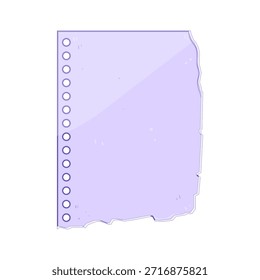 Torn blank sheet of purple notebook paper with punched holes on the left side, offering copy space for messages, notes, or creative ideas on a white background