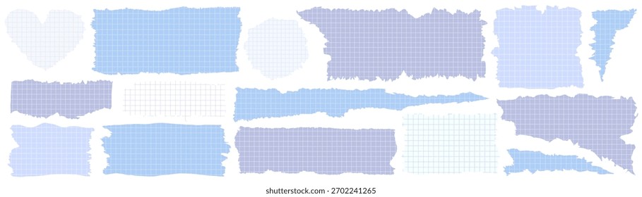 Torn blue grid paper set various ripped edges for notes, collage, scrapbooking, banners, school, office