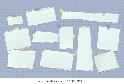Torn blue note, notebook paper pieces for text stuck with sticky tape on circles pattern. Vector illustration.