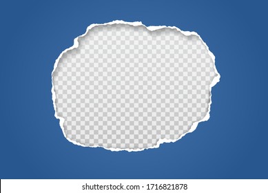 Torn blue paper hole with soft shadow, frame for text is on white squared background. Vector illustration