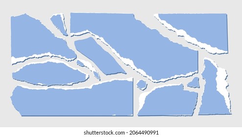 Torn blue paper with white edge isolated on grey background. Vector illustration of torn paper scraps of different sizes and shapes. Crumbled colored pieces of pages.