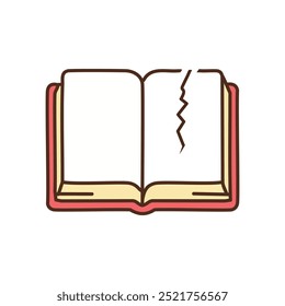 Torn book illustration. Open book with a crack in the cover. Represents damage, broken promises, or the fragility of knowledge.