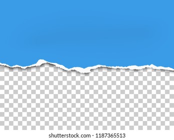 Torn bottom side of sheet of blue paper placed horizontal from left to right. Vector paper mockup.