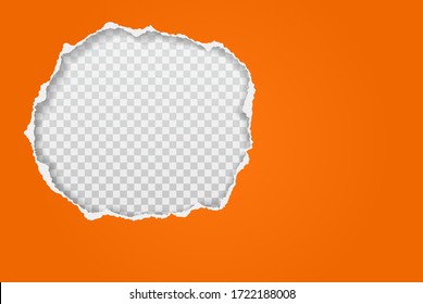 Torn bright orange paper hole with soft shadow, frame for text is on white squared background. Vector illustration