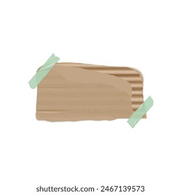 Torn brown cardboard with two green adhesive tape strips. Vector illustration of a corrugated cardboard piece, perfect for scrapbooking, notes, or creative projects