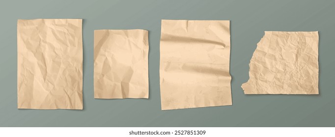 Torn brown craft paper with wrinkles. Crumpled vintage sheet for scrapbook and collage design. Realistic 3d vector illustration set of wrinkled blank memo note mockup. Ripped cardboard strips.