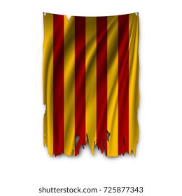 Torn by the wind flag of Catalonia. Region of Spain.. Ragged. The wavy fabric on white background. Realistic vector illustration.