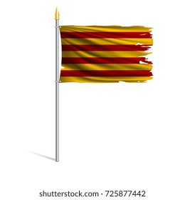 Torn by the wind flag of Catalonia. Region of Spain. Ragged. The wavy fabric on white background. Realistic vector illustration.